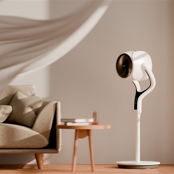 Space Modern Pedestal Fan with 3D Tilt, Feather Touch Controls & LED Backlight Oltao Designer Fans