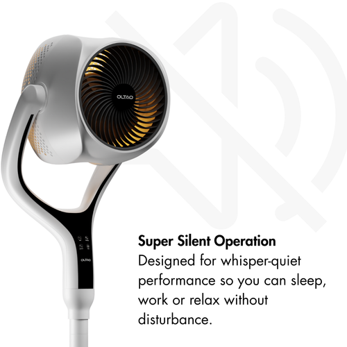 Space Modern Pedestal Fan with 3D Tilt, Feather Touch Controls & LED Backlight Oltao Designer Fans