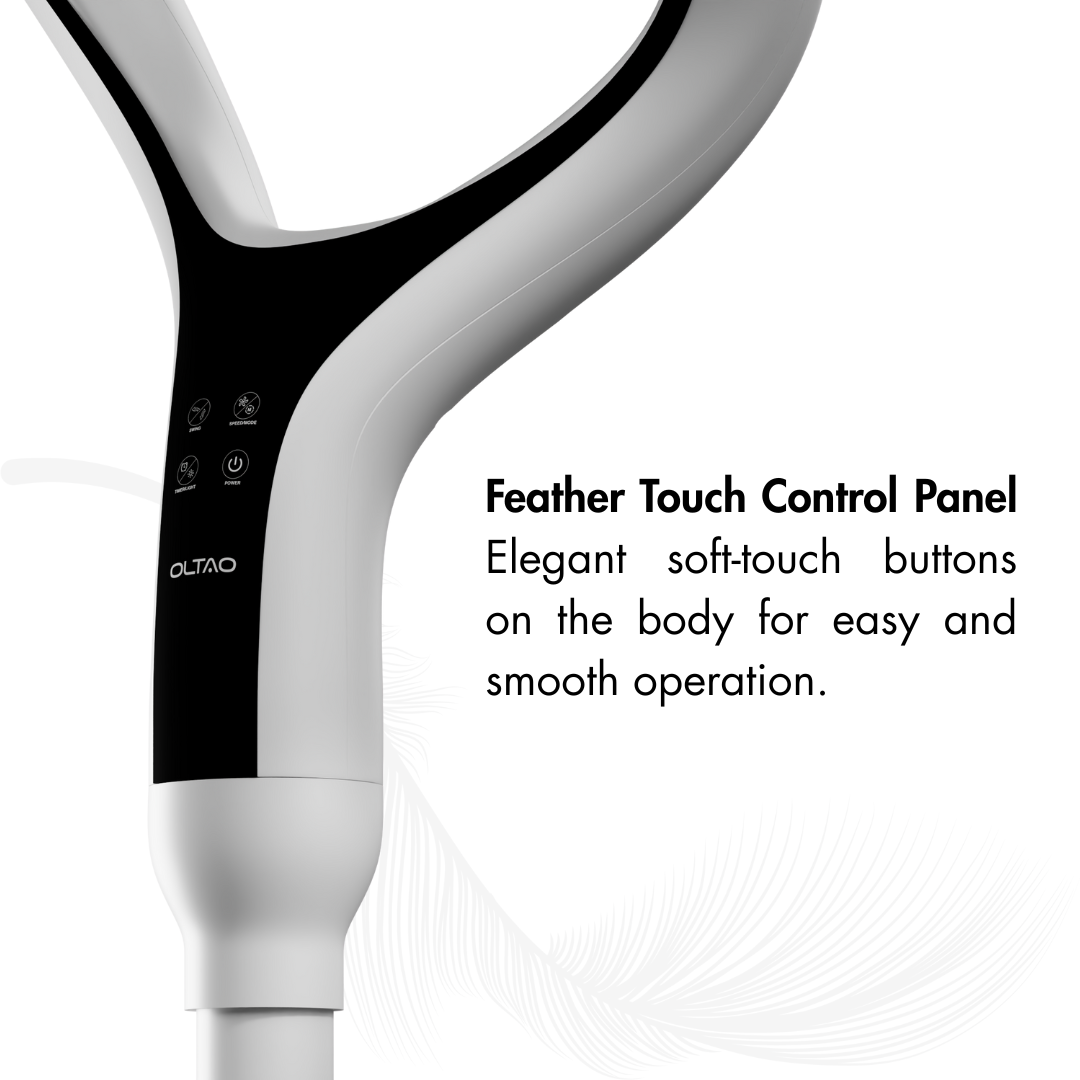 Space Modern Pedestal Fan with 3D Tilt, Feather Touch Controls & LED Backlight Oltao Designer Fans