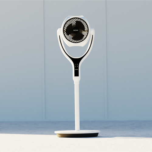 Space Modern Pedestal Fan with 3D Tilt, Feather Touch Controls & LED Backlight Oltao Designer Fans